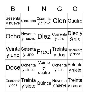 Spanish Numbers Bingo Card