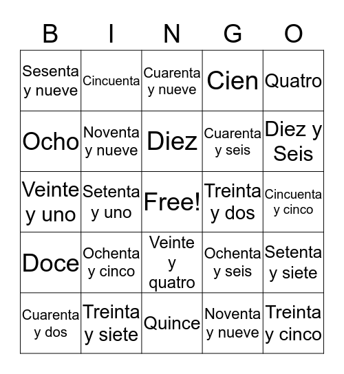 Spanish Numbers Bingo Card