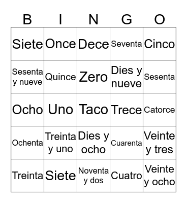 Numeros Bingo Card