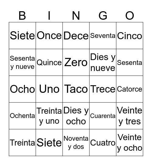 Numeros Bingo Card