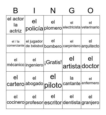 Spanish Occupations Bingo Card