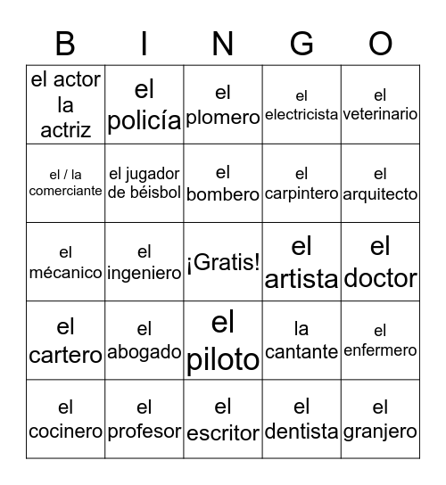 Spanish Occupations Bingo Card
