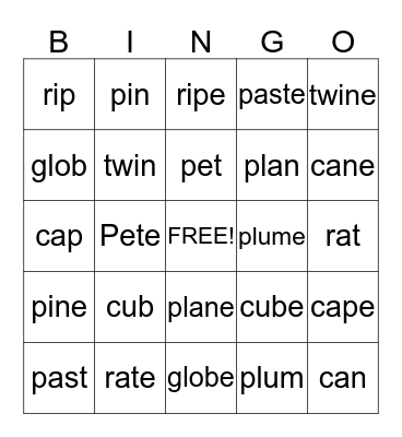 Silent E Bingo Card