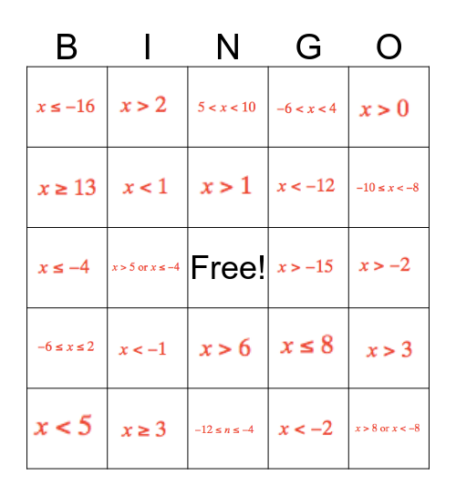 Algebra 1 Inequalities Bingo Card