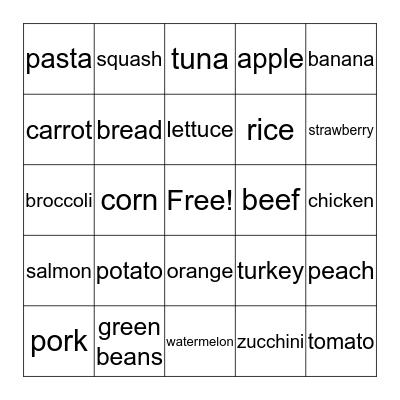 Nutrition Bingo Card