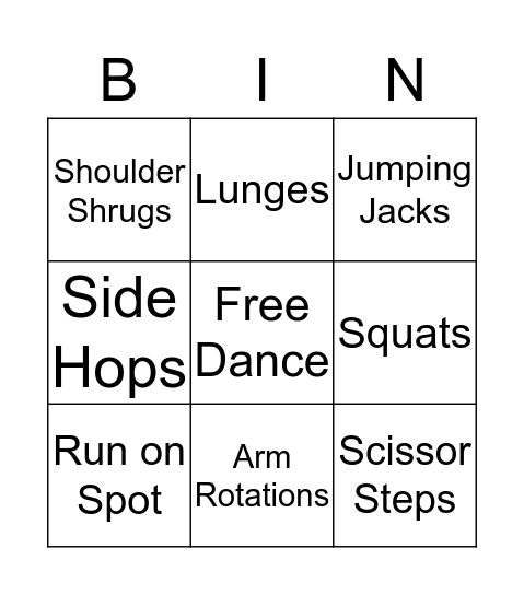 Fitness Bingo Card