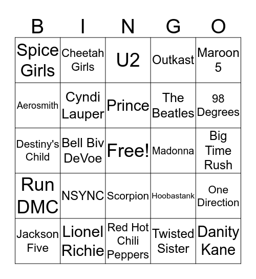 80's Music  Bingo Card