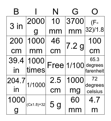 Medical Math Bingo Card