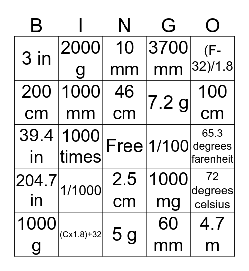 Medical Math Bingo Card