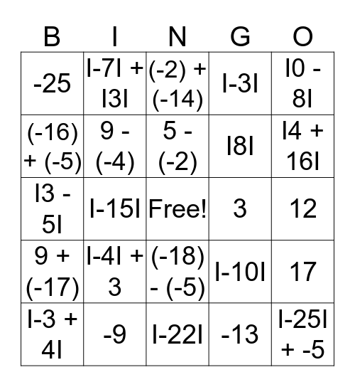 Integers and Absolute Value Bingo  Bingo Card