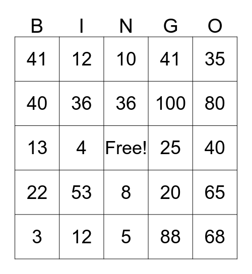 Addition and Subtraction Bingo  Bingo Card