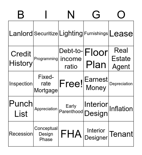 Housing Unit  Bingo Card