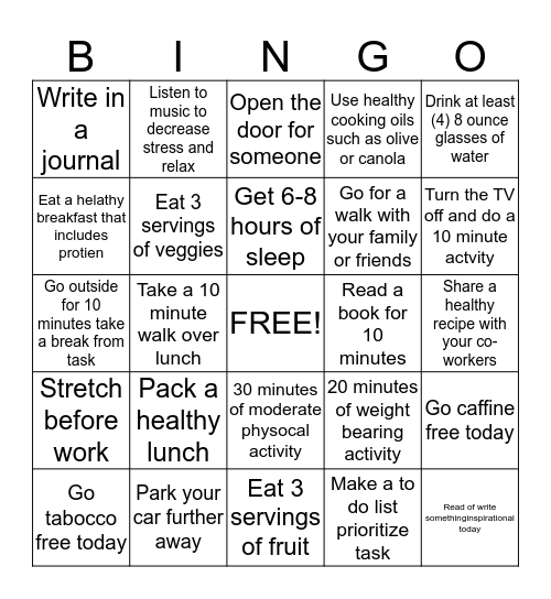 Wellness Bingo!! Bingo Card