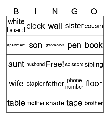 Vocabulary! Bingo Card