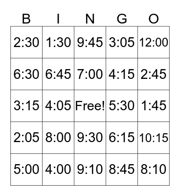 Let's Tell Time Bingo Card