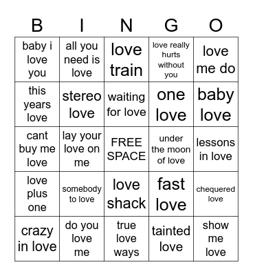 rock n roll bingo ALL ABOUT THE LOVE Bingo Card