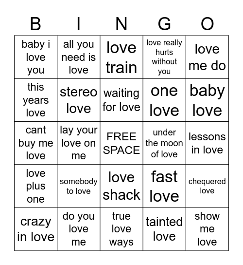 rock n roll bingo ALL ABOUT THE LOVE Bingo Card