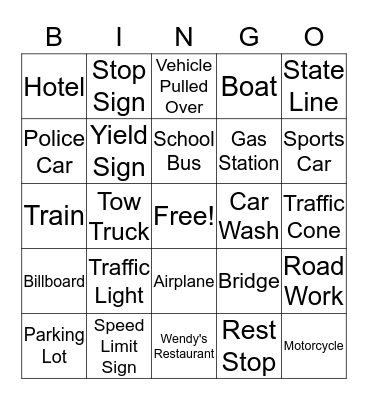 Road Trip Bingo Card