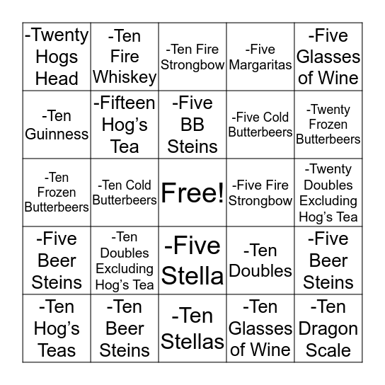 The Hog's Head Pub Bingo Card
