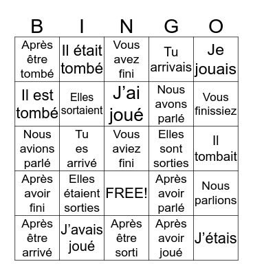 French Past Tense Bingo Card