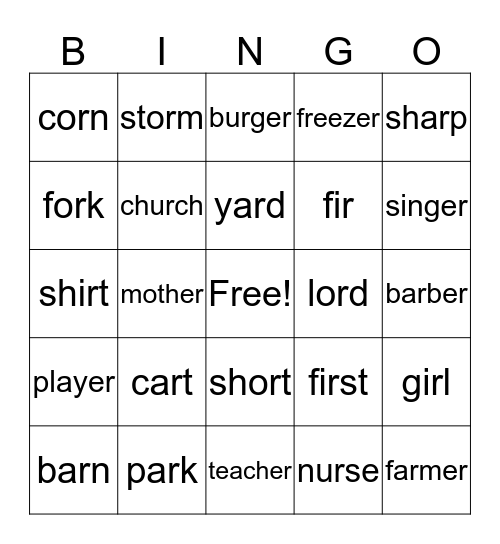 Book-3-unit-3-R-controlled vowels-ar,or ,ir,ur,er Bingo Card