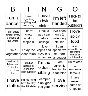 Service Ambassadors Bingo Card