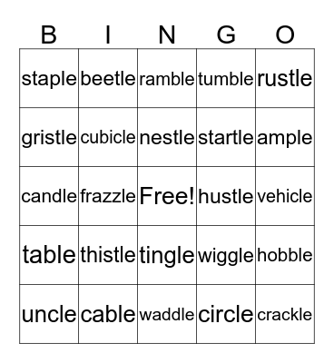 Consonant le Syllable Bingo Card