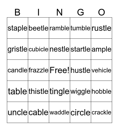 Consonant le Syllable Bingo Card