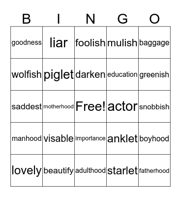 suffixes Bingo Card