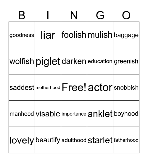 suffixes Bingo Card
