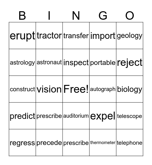 Root Words Bingo Card