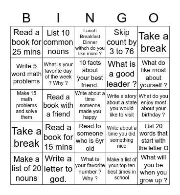 YLLC 2-4 Reading,Writing,Math  Bingo Card