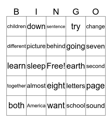 1st Quarter Sight Words Bingo Card