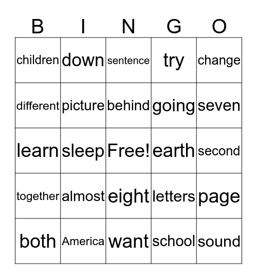 1st Quarter Sight Words Bingo Card