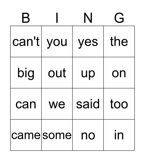 Sight Word Bingo Card