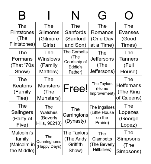 Famous Family Bingo Card