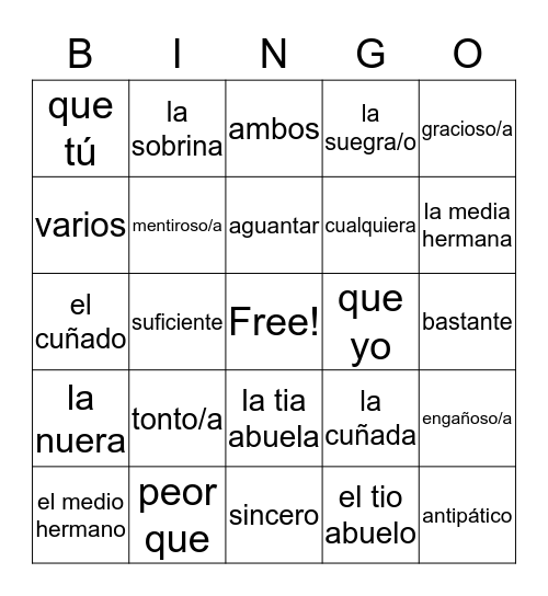 Somos Familia Esp 4 Bingo Card