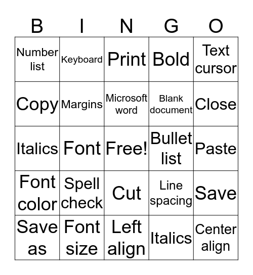 Microsoft Word Bingo Card