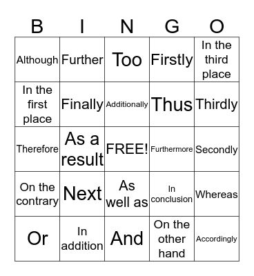 Transition Words Bingo  Bingo Card