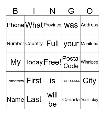 Personal Information Bingo Card