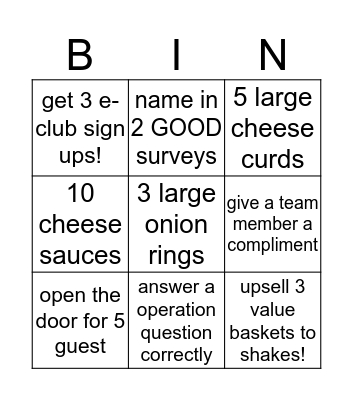 Culver's Bingo Card