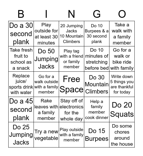 Fall Fitness Challenge Bingo Card