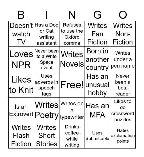 Write Space Bingo Card