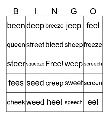 'ee' words (as in Bee) Bingo Card