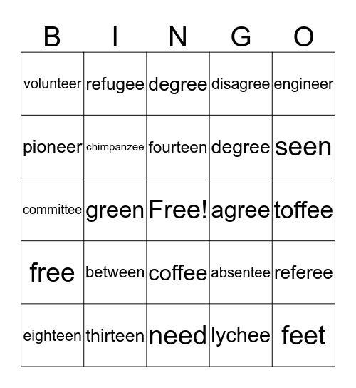 'ee' words (Set 2) Bingo Card