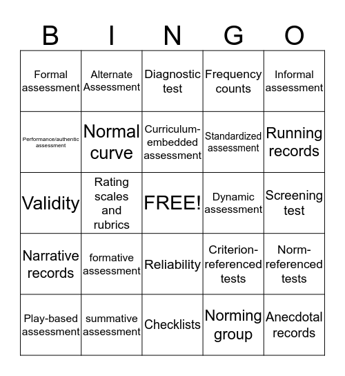 Assessment Bingo Card