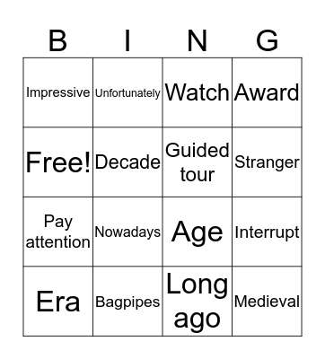 Bingo vocabulary H1 Bingo Card