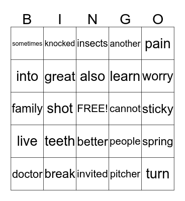 Sparkle Words #2 Bingo Card