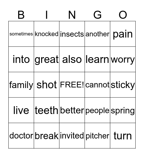 Sparkle Words #2 Bingo Card
