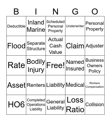 INSURANCE 101 Bingo Card